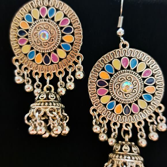 Pierced Boho Hippie Dangle Enamel goldtone pierced Chandelier earrings - Picture 2 of 3